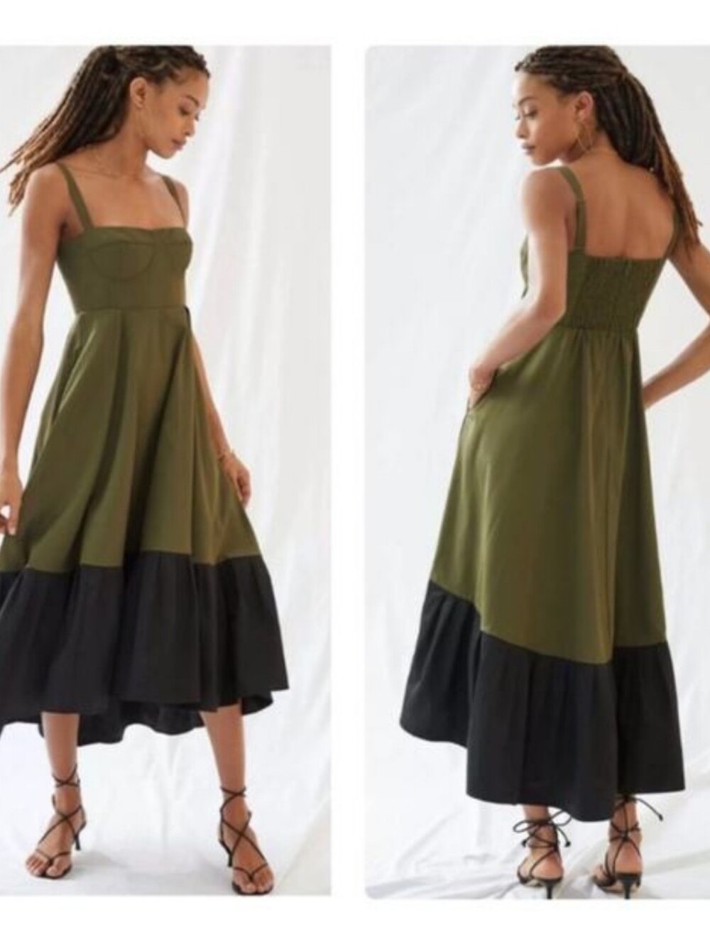 Anthropologie Mare Mare Olive Green Flounced Corset Midi Dress, Black Ruffle Hem